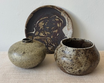 Mid Century Studio Art Pottery Set, Brown Sage Glaze, Signed Plate & Vases