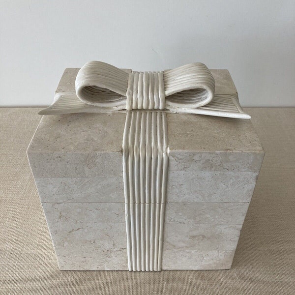 Vintage 1980s Jewelry Box in tessellated travertine stone with pencil reed bow