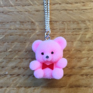 Fuzzy pink bear necklace