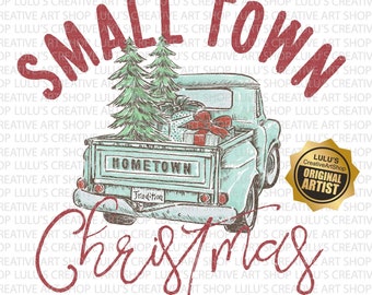Small Town Christmas PNG-Hometown Christmas-Farm Fresh Christmas Trees png-Blue Truck-Christmas Truck png-Vintage-Christmas Tradition