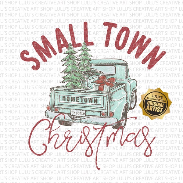 Small Town Christmas PNG-Hometown Christmas-Farm Fresh Christmas Trees png-Blue Truck-Christmas Truck png-Vintage-Christmas Tradition