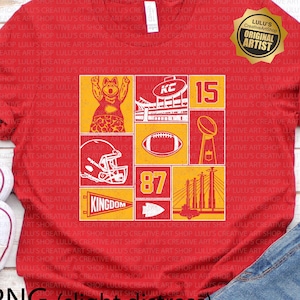May include: Red t-shirt featuring a collage of Kansas City Chiefs imagery. The design includes a mascot, stadium, football, helmet, and the numbers 15 and 87. The shirt has a distressed look.