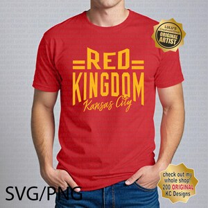 May include: Red t-shirt with the text "=RED= KINGDOM Kansas City" in yellow letters.