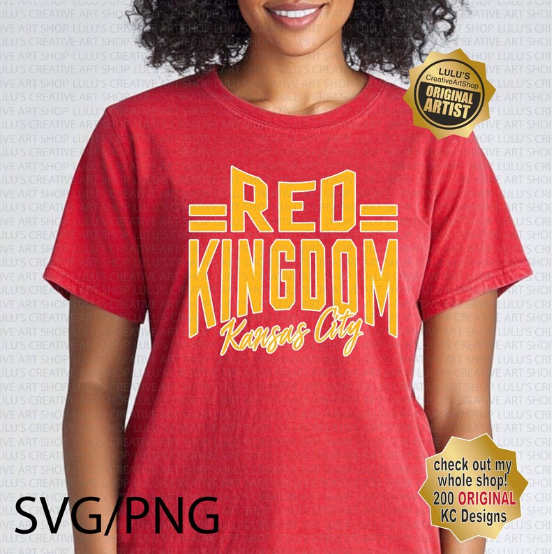 May include: A red t-shirt with a yellow graphic design that says "=RED= KINGDOM Kansas City".