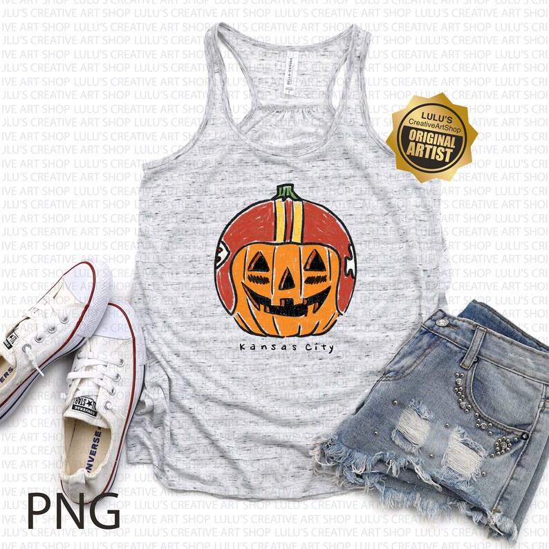 May include: A gray tank top with a graphic of a jack-o'-lantern wearing a football helmet. The text "Kansas City" is below the pumpkin. White Converse sneakers and denim shorts are also in the image.