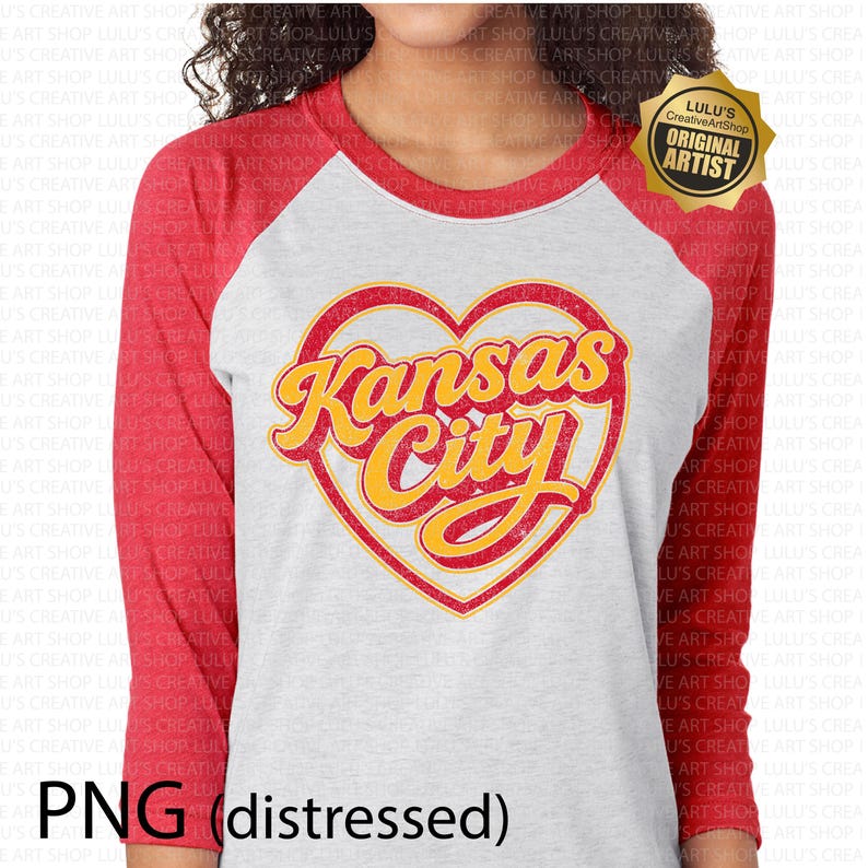 May include: A raglan baseball tee with a white body and red sleeves. The shirt features a distressed heart-shaped graphic with the words "Kansas City" in yellow and red. The text "PNG (distressed)" is at the bottom.