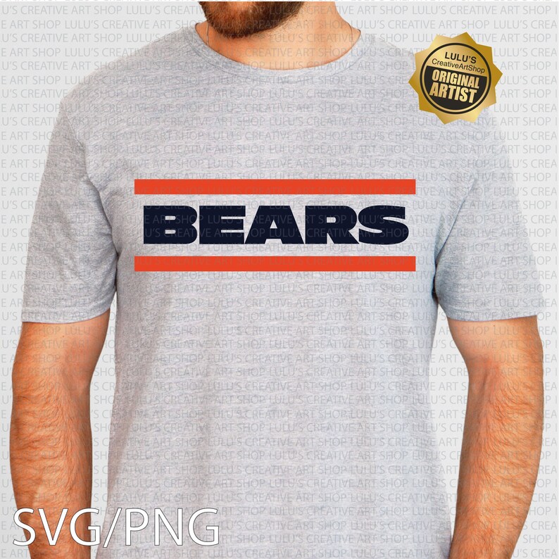 May include: Gray t-shirt featuring the word "BEARS" in navy blue, with two orange horizontal stripes. The shirt is a short-sleeved crew neck. The image also includes a gold "Original Artist" seal.