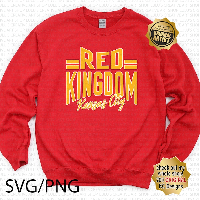 May include: Red sweatshirt with the text "=RED= KINGDOM Kansas City" in yellow lettering.