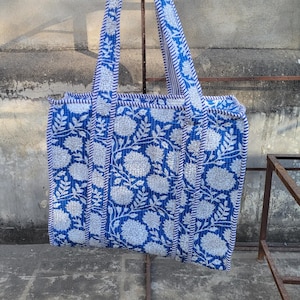 Handprinted Quilted Cotton Tote Bag: Blue Floral Boho Grocery Bag