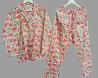 Floral Cotton Pajama Set: Hand Block Print Bohemian PJs