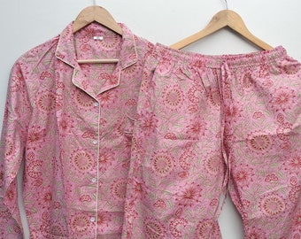 Floral Block Print Cotton Pajama Set: Handmade Boho Nightwear