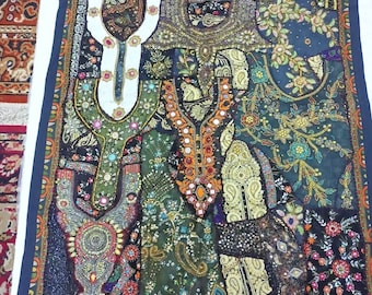 Vintage Indian Embroidered Tapestry Handmade Wall Hanging Boho Home Decor Textile Zari Art
