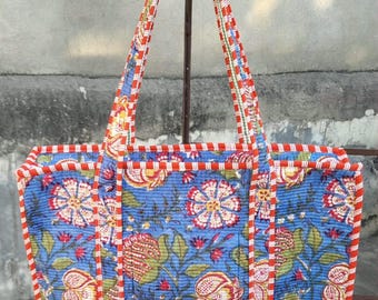 Floral Cotton Tote Bag: Indian Hand Block Print Quilted Handbag
