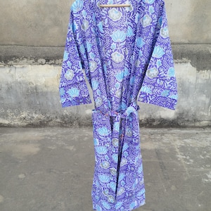 Bata kimono de algodón estampada a mano, bata ligera estilo boho, ropa de estar por casa india