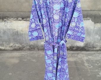 Hand Printed Cotton Kimono Robe: Lightweight Indian Dressing Gown