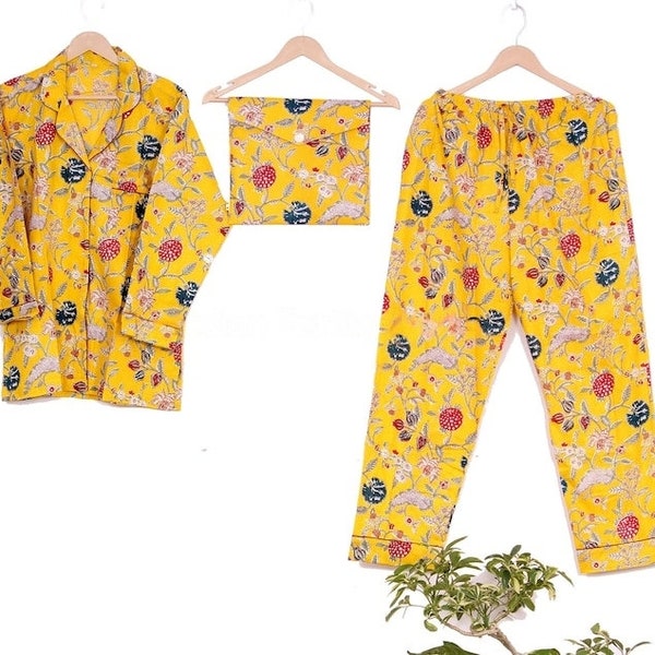 Organic Cotton Pajamas, Bridesmaid Pajamas, Floral Pjs Set, Bridesmaid Gifts, Hand Block Prints Pajamas Set, Sleepwear Pjs