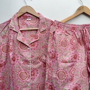 Floral Block Print Cotton Pajama Set: Handmade Women's PJs