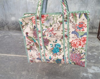 Floral Cotton Tote Bag: Indian Hand Block Print Quilted Handbag