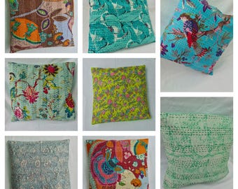Kantha pillow cover floral cushion cover boho throw pillow handmade cotton cushion indian decorative pillow bohemian home decor gift.