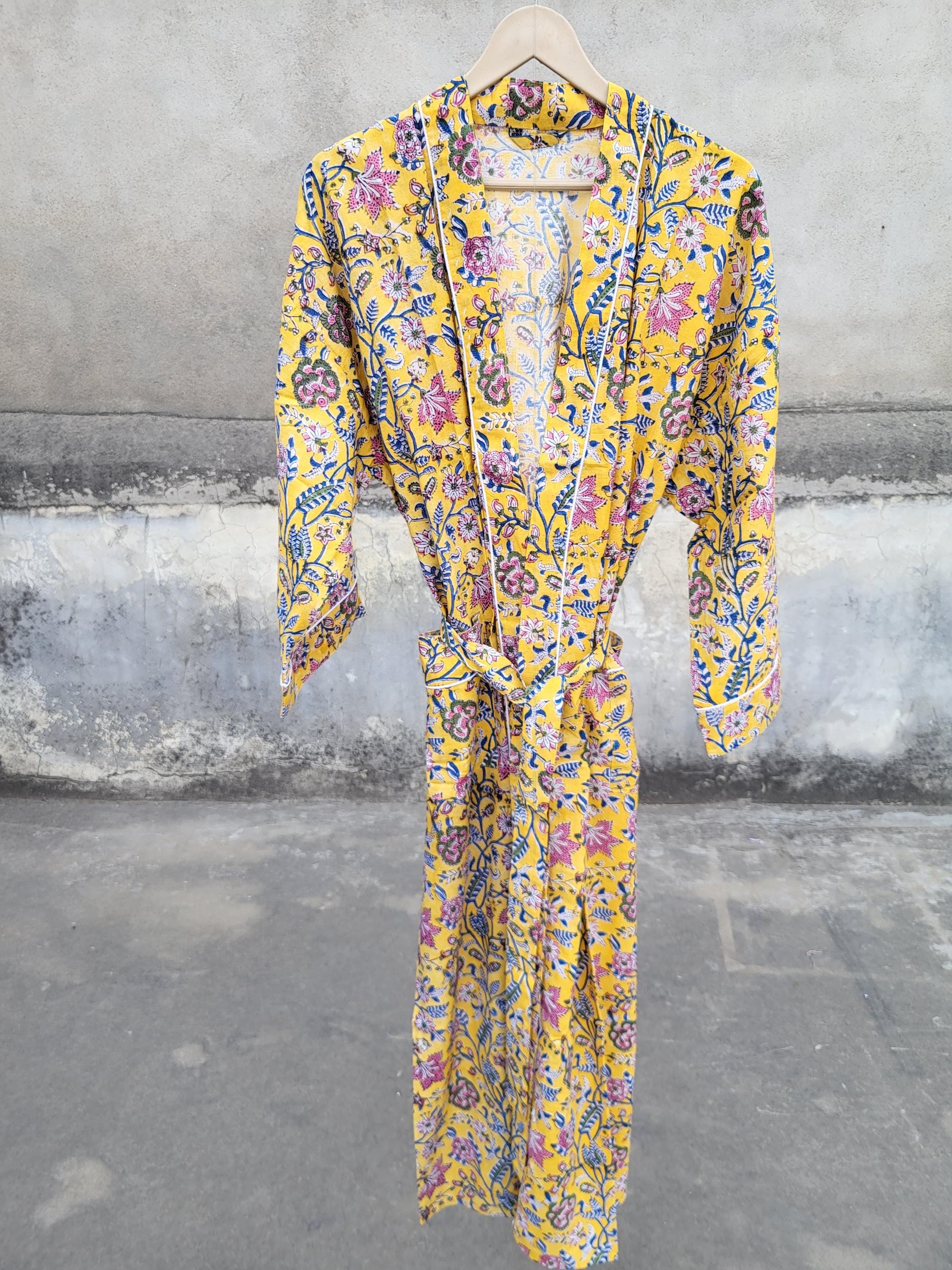 Cotton Kimono Robe: Indian Block Print Loungewear