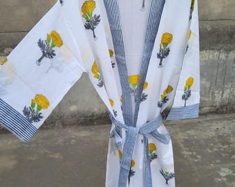 Hand block print floral kimono for women boho cotton robe jaipuri beach cover up cottagecore dressing gown bridesmaide gift .