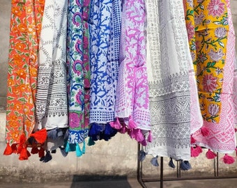 Hand Block Print Cotton Scarf Lot: Indian Scarves with Tassels stole size 55*180cm 22*72" Mixed design on soft voile