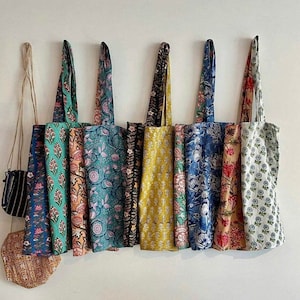 Sac marketing en coton imprimé bloc main, Grands sacs fourre-tout, Sacs de marché fermier, Sacs d'épicerie cadeau écologique, Assortiment de sac à provisions lavable et réutilisable