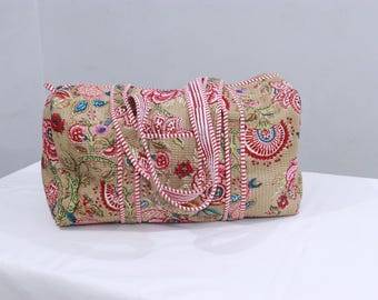 Large Cotton Quilted Duffle Bags Block Print Gifts Handmade Colorful Travel Night Travel Gym Yoga Luggage Pocket