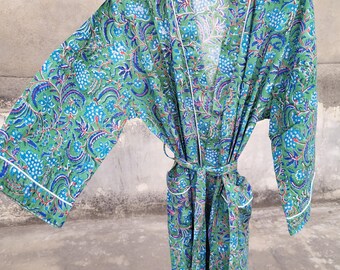Boho Cotton Kimono Robe: Turkish Bath Spa Robe, Block Print