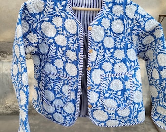 Block Print Quilted Kimono Blue Cotton Blazer Jacket Boho Short Coat for Women