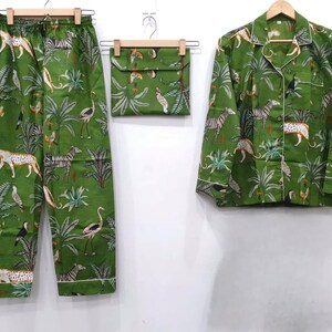 Handmade Block Print Cotton Pajama Set: Green Animal Print Nightwear
