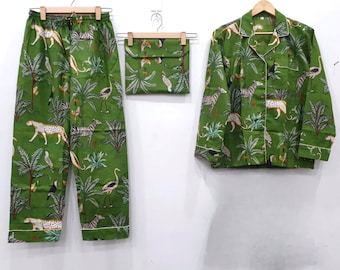 Handmade Block Print Cotton Pajama Set: Green Animal Print Nightwear