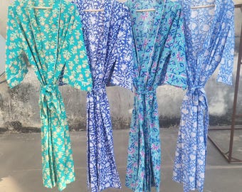 Handblock Cotton Kimono Robes for Women Indian Dressing Gown Beach Cover Ups Bridesmaid Gifts