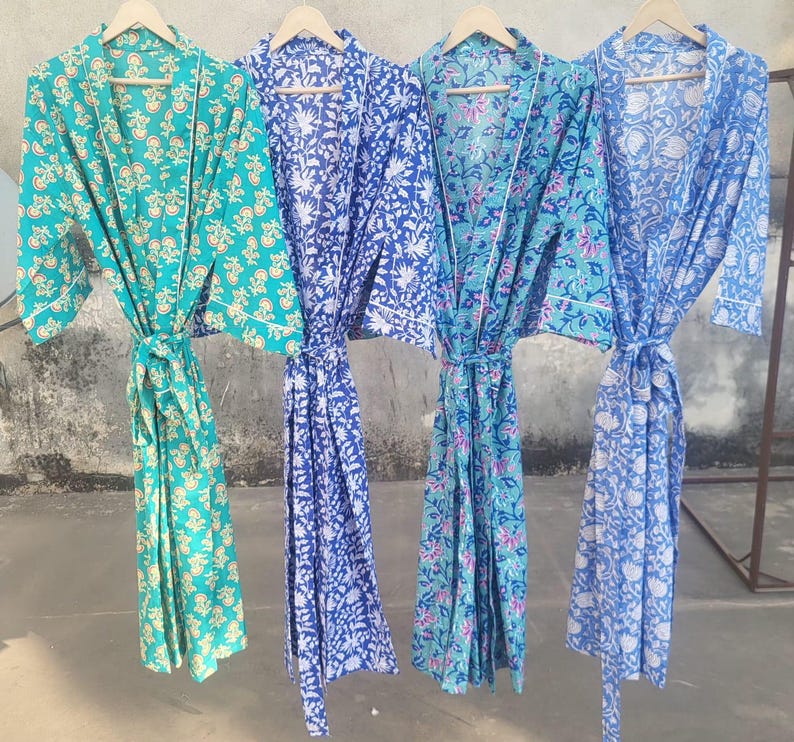 Blue Robe Hanging Handblock Cotton Kimono Robes for Women Indian Dressing Gown Beach ...