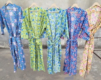 Lightweight Pure Cotton Kimono Robe, Indian Cotton Dressing Gown, Beachwear Kimonos, Organic Cotton Hand Printed Long Kimono, Gift For Her