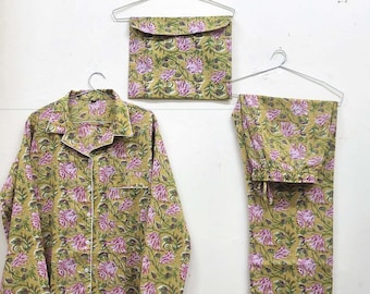 Hand Block Print Cotton Pajama Set: Floral Night Wear