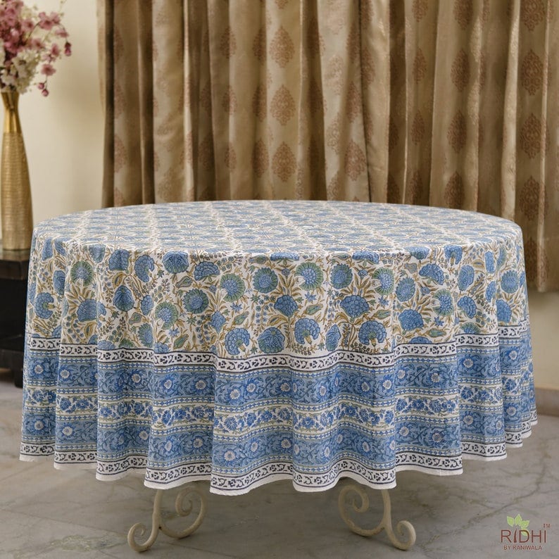 Blue Floral Round Tablecloth, Indian Block Print Round Table Cover ...