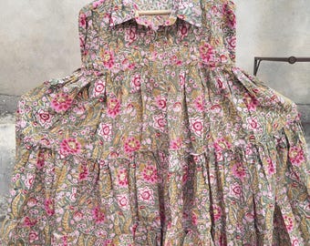 Block Print Cotton Dress: Floral Boho Tiered Summer Dress