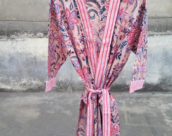 Cotton Kimono Robe: Indian Block Print Loungewear