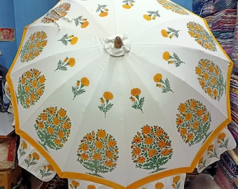 Hand Block Print Cotton Patio Umbrella: Indian Floral Parasol, 90"