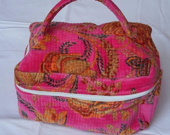 Floral Block Print Quilted Velvet Cosmetic Bags with Handle