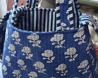 Blue Indian Floral Cotton Tote Bag, Indian Handmade Bag, Shopping Bag, Market Bag, Quilted Bag, Women's Handbag, Picnic Bag