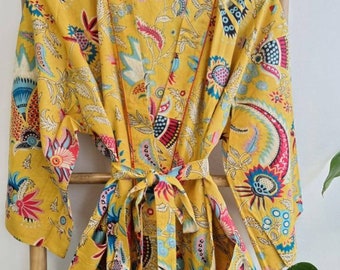 Blockprint Cotton Kimono Robe: Indian Beach Cover-Up