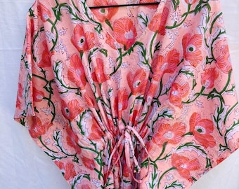 Hand block printed floral kaftan cotton beach cover up bohemian kaftan dress resort wear for women summer vacation outfit lounge dress.