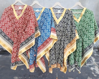 Hand Block Print Cotton Kaftan Boho Beach Dress Resort Wear Cover Up for Women