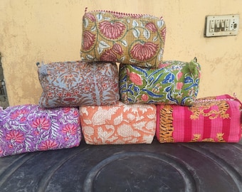 Block Print Cotton Quilted Wash Bag Handmade Floral Toiletry Travel Pouch Gifts For Her
