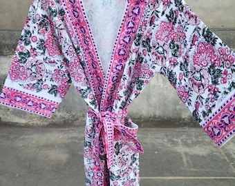 Floral Block Print Cotton Kimono Robe, Waffle Weave, Bridesmaid Gift
