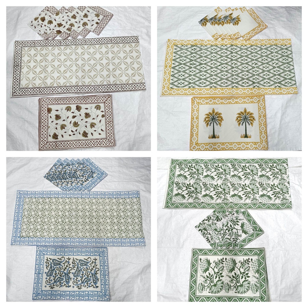 Hand Block Print Cotton Canvas Table Mats With Napkins and Runner 6