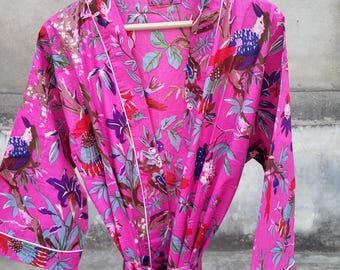 Hand Block Print Cotton Kimono Robe: Indian Boho Duster Beach CoverUp For Women