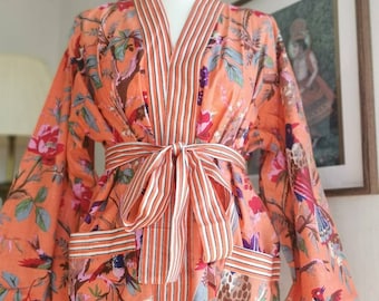 Kimono-Robe aus Baumwolle mit Blockprint: Florale Lounge-Abnutzung